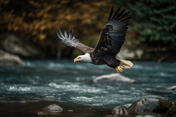 A Bald Eagle Soaring Over A Mountain Stream. Generative AI