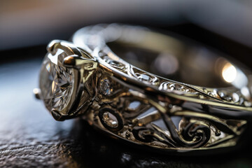 A Macro Shot Of The Intricate Details On The Brides Wedding Ring. Generative AI