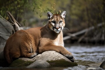 Obraz premium A Mountain Lion Lounging On A Rock Near A River. Generative AI