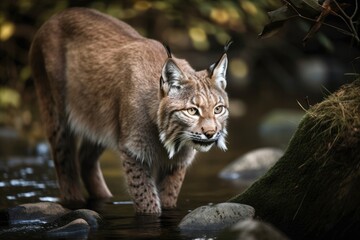 Obraz na płótnie Canvas A Lynx Stalking Prey Near A River. Generative AI