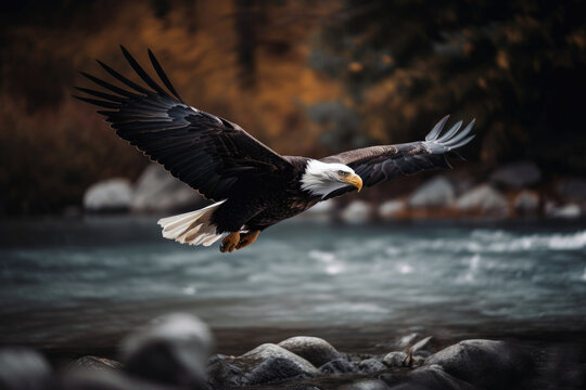 A Bald Eagle Soaring Over A Mountain Stream. Generative AI