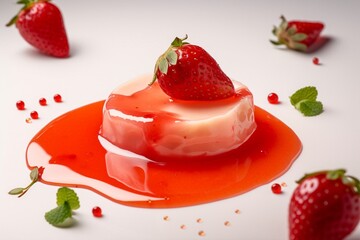 Custard with mint leaf strawberry topping AI Generative