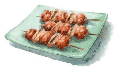 アナログ水彩角皿に乗った焼き鳥ねぎま3本