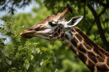 Giraffe eating leaves off the top of a tree. Up close. Generative AI