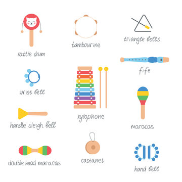 Hand drawn toy musical instruments for kids. Flat vector illustration
