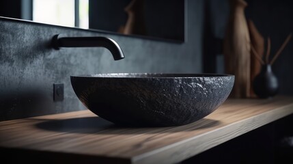 Ultra modern house natural basalt bathroom sink. Generative AI - obrazy, fototapety, plakaty