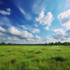 Fototapeta na wymiar World Environment Day concept A clear sky, lovely clouds, and a meadow
