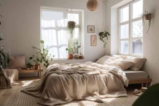 Light filled bedroom with bed, lights, pillows, and plant. Nobody. Residence. Generative AI