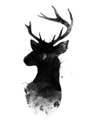 Black deer head silhouette over a white background. A splash watercolor illustration. 
