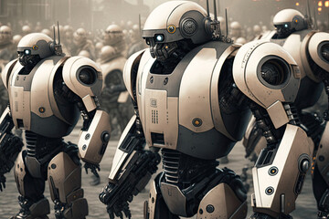 Fototapeta premium A futuristic robot, cyborg, android, and droid soldier warrior preparing for war, battle - navy, army, air force, SWAT. Science fiction, technology movies, film