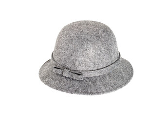Round felt hat with a bow on a white background.