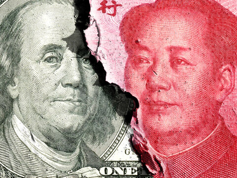 A close-up of images of dollars and Chinese yuan recurring through cracks in peeling paint. Double exposure conceptual image of United States and China currency competition.