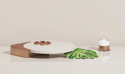 3D stone table counter podium with rose gold tray,  pink background with flowers and tropical leave. Luxury organic beauty, fashion, jewelry, cosmetic product. 3d render template with picture frame