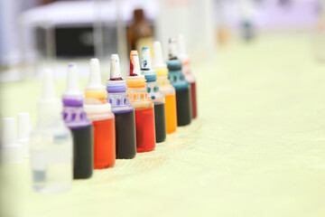 flasks and jars with chemicals, test tubes with paint, work with chemicals, science, chemistry, biology

