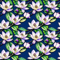 Floral tropical seamless pattern with Magnolia flowers and green leaves on blue backdrop, wallpaper design, watercolor illustration for textile design, cover, wallpaper, wrapping paper. AI generated