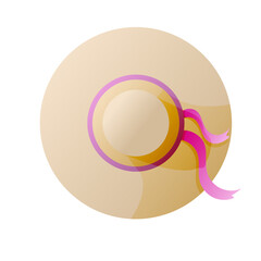 Summer's woman hat with pink ribbon. Vector flat illustration. 