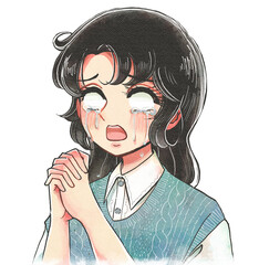 レトロ少女漫画風・当選を泣きながら祈る推し活中の女性
