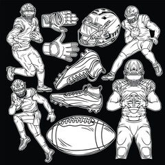 American Football Poses Pack Back and White Illustration