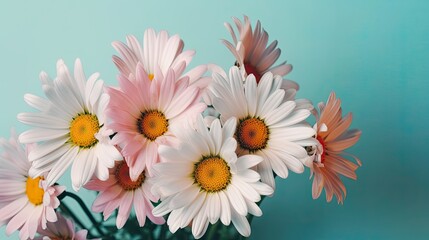 Fototapeta premium Fresh and delicate daisies on a pastel background, vibrant and colorful. Aesthetic and elegant floral composition. Generative AI