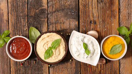 various of sauce- ketchup,  hummus,  mayo and cheddar cheese sauce