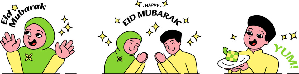 Eid Mubarak Scenes Vector Illustration Set