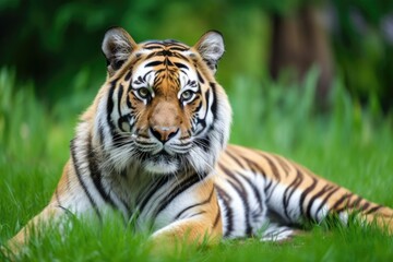 a lovely tiger on the green grass. Generative AI