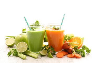 detox vegetable juice- green smoothiewith apple, cucumber, celery and orange smoothie with orange and carrot