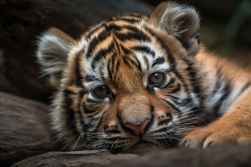 Obraz premium At the zoo, a tiger cub is napping on the playground. Close up. Generative AI
