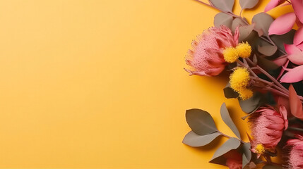 autumn still life, yellow background, top View, copy Space 