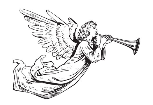 Angel flying and playing on the pipe hand drawn sketch illustration