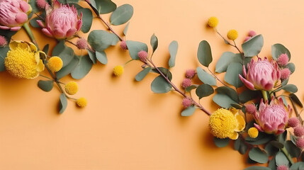 bouquet of flowers, Orange background , top View, copy Space