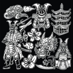 samurai pack black and white illustration