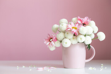 white and pink  chrysanthemums in pink cup on pink background
