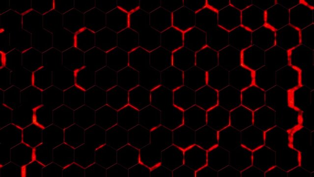 Abstract Futuristic background with hexagons . dark sci-fi hi-tech animation with moving red lights. 4k