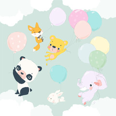 Cartoon Happy Animals flying with Balloons in the Sky