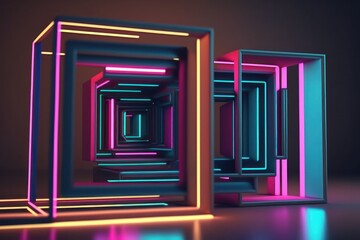 A dark room with a glowing tunnel and lights cyberpunk style, Square shape, Generative Ai