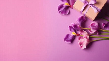bouquet of pink tulips,  purple background, top View, copy Space 