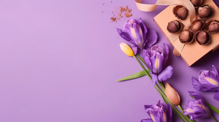 bouquet of flowers, purple background, top View, copy Space 