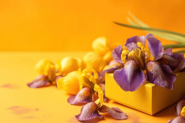 gift box with flowers, copy Space, yellow background
