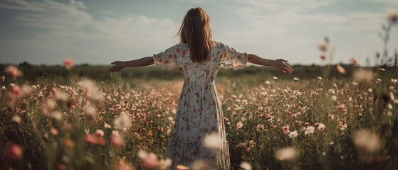Female on long summer dress standing open arms in wildflowers field, Generative AI