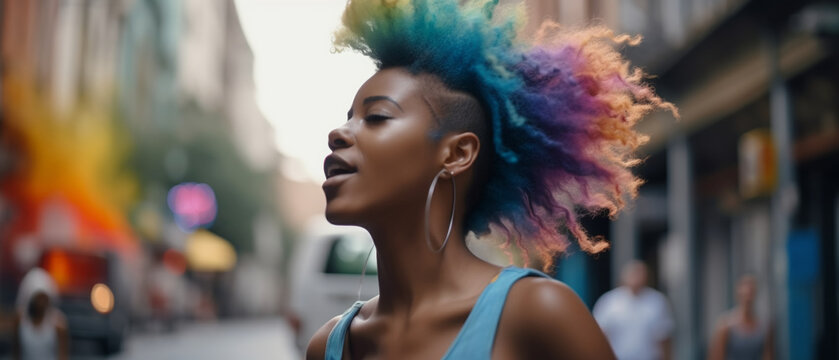Portrait of a afro woman with colorful hair on the street, Generative AI