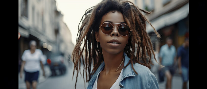 Afro american woman wearing sunglasses standing in the street, Generative AI