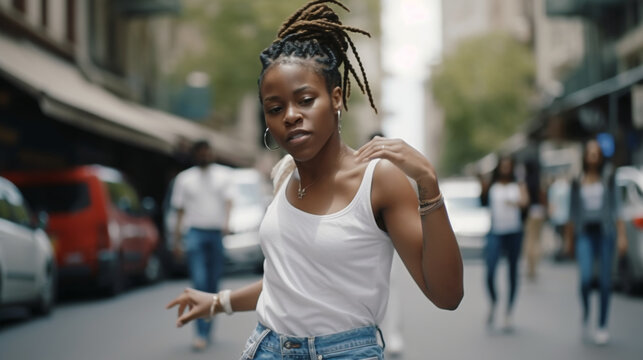 Afro female dancing in middle of the street, Generative AI