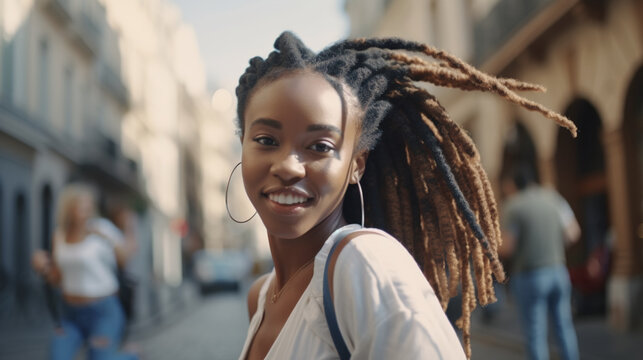 Portrait of a young afro woman dancing on a city street, Generative AI