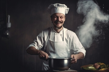 Man in white chef outfit cooking, Generative AI