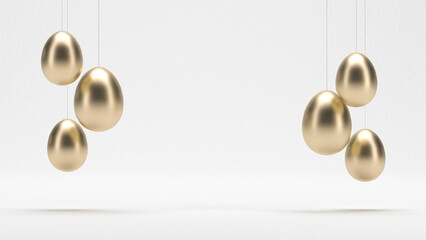 3D realistic hanging 24k gold  Easter Eggs, shiny, Reflective, Easter eggs isolated on white background