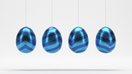 Metallic Shiny easter eggs hanging on isolated on white background , Blue, silver, pink , green stripes, and hearts