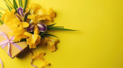 bouquet of yellow tulips, copy Space, top View, yellow background