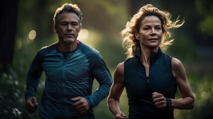Image Generated AI. Mid age couple running in the park, Generative AI
