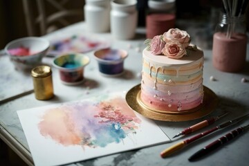 Obraz na płótnie Canvas Watercolor Cake With Pastel Shades And Brush Strokes Wedding Cake On A Table In A Decorated Room. Generative AI